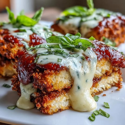 Freshly baked Crispy Tofu Chicken Parm Bakes feature golden Asiago crust and bubbling marinara sauce.