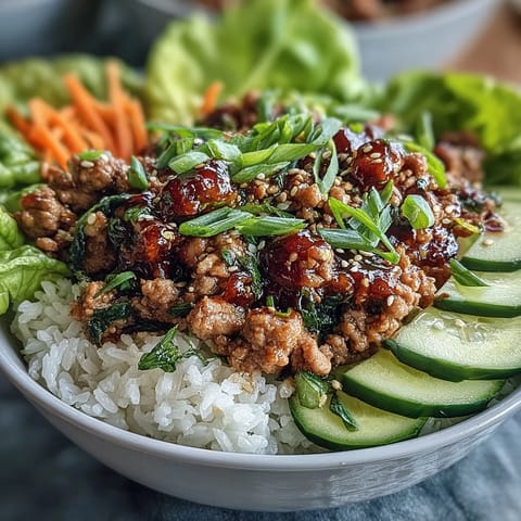 A close-up of Sesame Turkey Lettuce Wrap Bowls with fluffy rice, savory ground turkey, and crisp cucumber ribbons topped with sesame seeds.