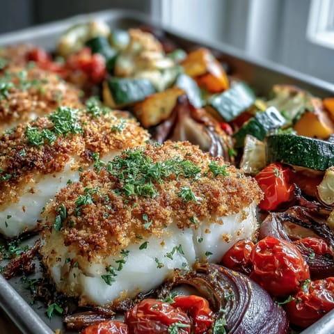 Crispy cod fillets with panko and Asiago cheese on a sheet pan with colorful roasted vegetables.