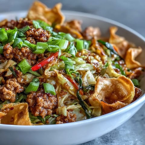 A vibrant serving of Ranch Turkey & Veggie Egg Roll Bowls topped with green onions and crunchy wonton strips on a rustic plate.