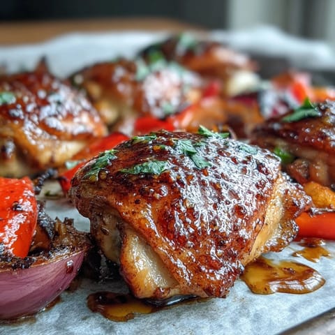 A close-up of Sheet Pan Honey Garlic Chicken & Naan, featuring tender meat, vibrant peppers, and fresh cilantro garnish on a rustic serving platter.