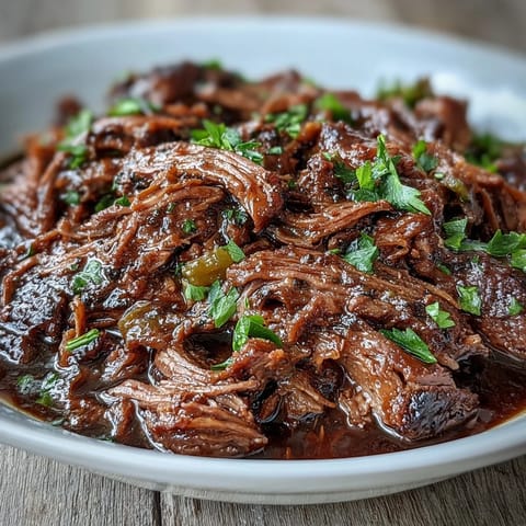 Shredded Slow Cooker Mississippi-Style Ranch Beef with buttery juices, served over creamy mashed potatoes and peppery pepperoncini.