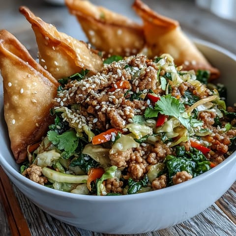 Ground turkey, cabbage, carrots, and bell pepper sautéed in ranch seasoning served in a ceramic bowl.