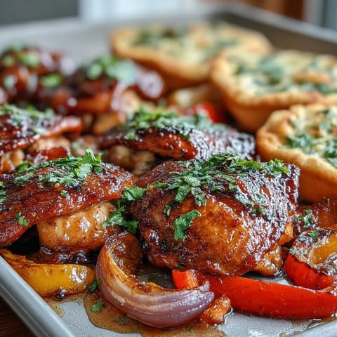 Roasted chicken thighs glazed with honey garlic sauce on a sheet pan, served alongside warm, pillowy naan bread.