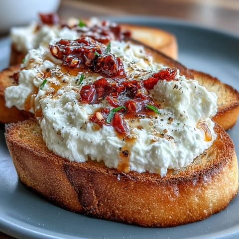 Fresh basil and chili crunch garnish these savory Hot Honey Ricotta Bruschetta appetizer bites. 