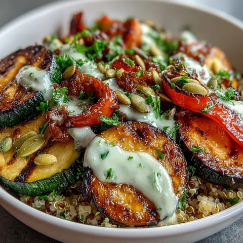 A close-up shows charred vegetables and toasted pumpkin seeds on Grilled Veggie and Quinoa Power Bowls with Tahini Drizzle.