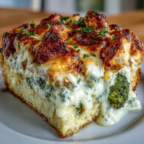 Golden, bubbly cheddar and mozzarella tops the Keto Creamy Chicken and Broccoli Casserole, garnished with fresh thyme.