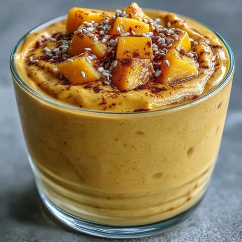Creamy Vegan Mango Turmeric Golden Milk Smoothie in a glass, garnished with cinnamon and chia seeds.