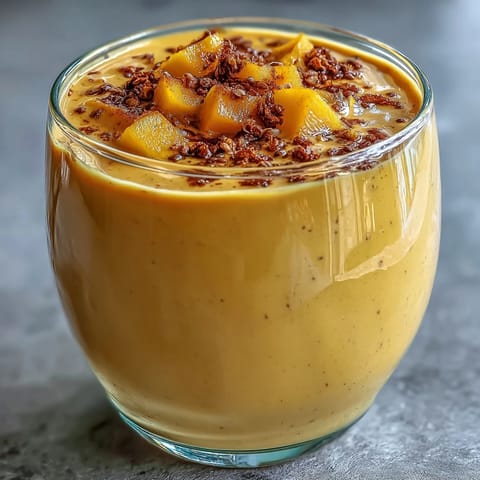 Healthy Vegan Mango Turmeric Golden Milk Smoothie served with a straw, showing a vibrant golden hue.