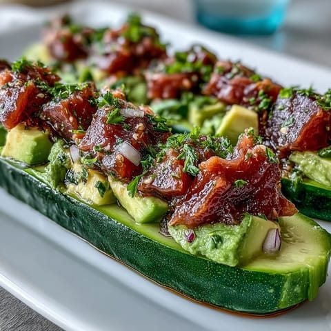 Freshly prepared 10-Minute Tuna Avocado Cucumber Boats served chilled on a plate with extra herbs.