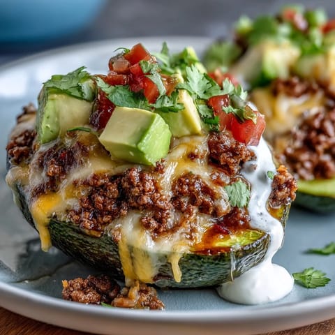 Keto Taco Stuffed Avocados with Sour Cream and Salsa in a vibrant Mexican-inspired low-carb dish.  