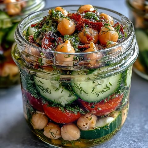 Layered mason jar salad with crisp cucumber, juicy tomatoes, shredded carrots, and citrus-herb dressing for easy, make-ahead Mediterranean meals.