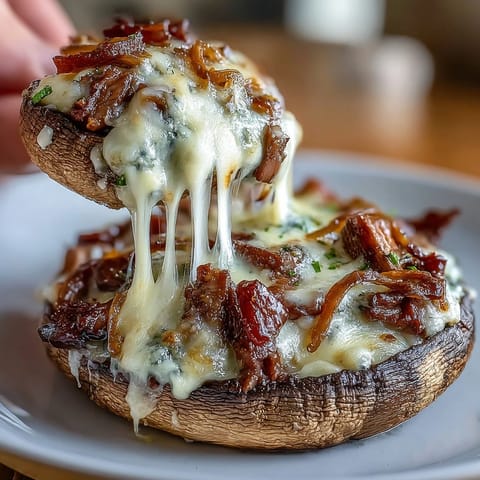 1. Low-carb keto Philly cheesesteak stuffed portobello mushrooms with juicy steak, sautéed peppers, and melted cheese.