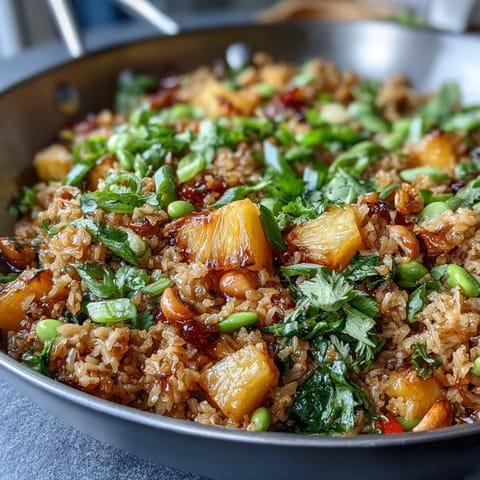 Vibrant vegan pineapple fried rice with cauliflower and edamame, bursting with colorful veggies and tropical sweetness.  
