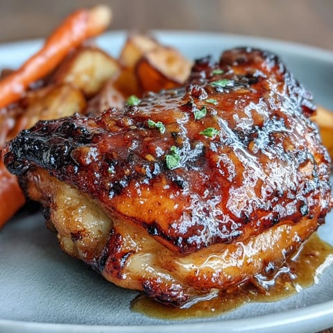 A golden honey mustard glazed chicken and carrot sheet pan dinner with roasted potatoes and red onions.
