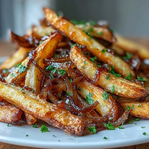 Crispy golden steak fries tossed with rich caramelized onion and garlic butter for a savory side dish.  