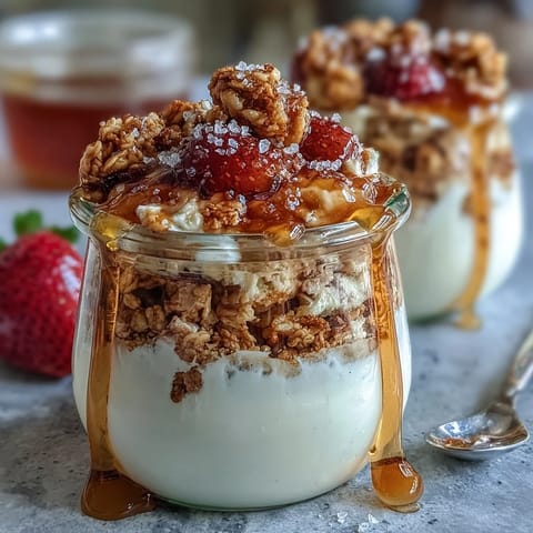 Creamy Greek yogurt layered with crunchy granola and a drizzle of salted honey in a parfait glass.  