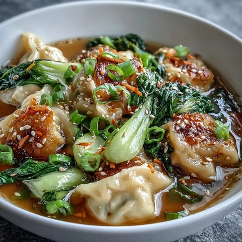 Trader Joes Dumpling Soup with bok choy and carrots in savory broth.
