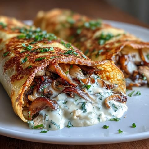 Savory wild mushroom crepe filling with sautéed shiitake and cremini mushrooms, fresh herbs, and creamy white wine sauce.  