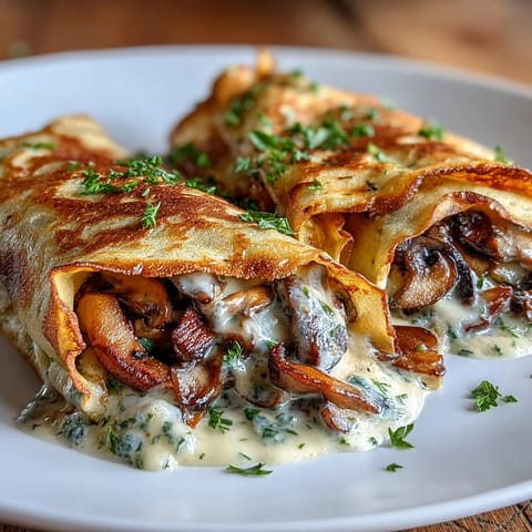 Elegant French crepe stuffed with wild mushroom medley, shallots, garlic, and herbs, perfect for a light vegetarian entrée.  