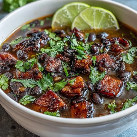 A steaming bowl of ham and black bean soup garnished with fresh cilantro and lime wedges, perfect for a cozy meal.  