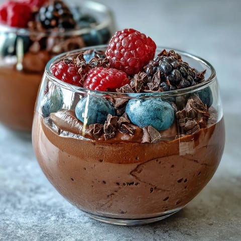 Creamy cottage cheese chocolate mousse topped with fresh berries and mint, a healthy and indulgent dessert.  