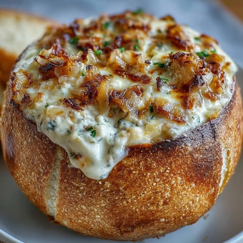 Creamy caramelized onion dip served in a warm sourdough bread bowl, perfect for parties and gatherings.  