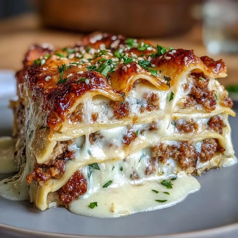 Asian Dumpling Lasagna with Soy Ginger Sauce: Fusion dish featuring tender dumpling wrappers, ground meat, crisp vegetables, and bubbling cheese in a rich soy ginger glaze.