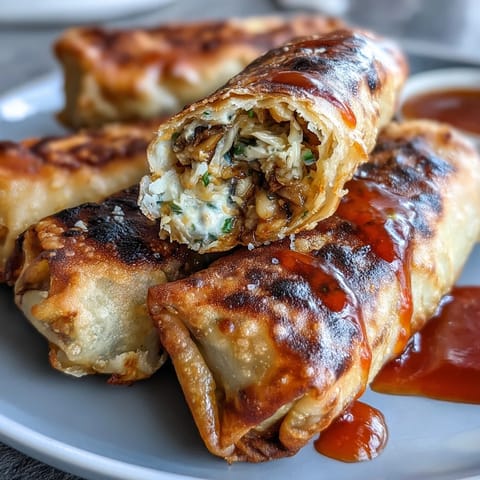Golden air-fried spring rolls with crisp vegetable filling and a side of vibrant sweet chili dipping sauce.