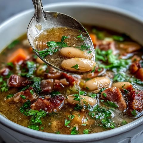 Slow Cooker Ham and Bean Soup with Carrots and Celery in a cozy bowl, garnished with fresh parsley and served with crusty bread.