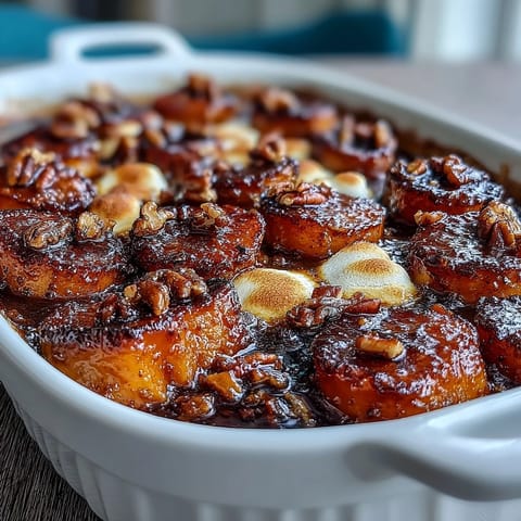 Richly glazed sweet potatoes topped with toasted marshmallows and crunchy pecan streusel for a festive side.  