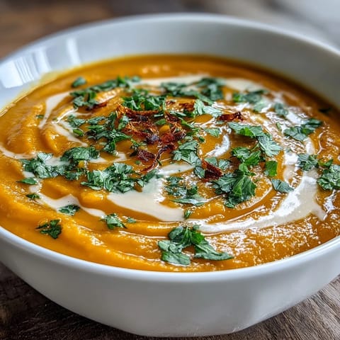 Creamy Carrot and Orange Soup with Ginger and Coconut Milk in a white bowl, garnished with fresh coriander and orange zest, served with crusty bread on the side.