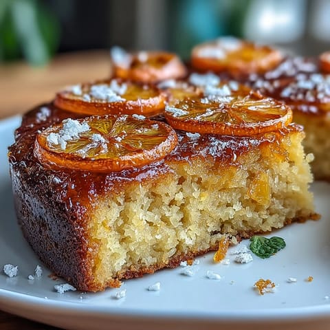 Candied orange rounds glisten atop a tender almond flour cake, infused with rich olive oil and Greek yogurt for a Mediterranean twist.  