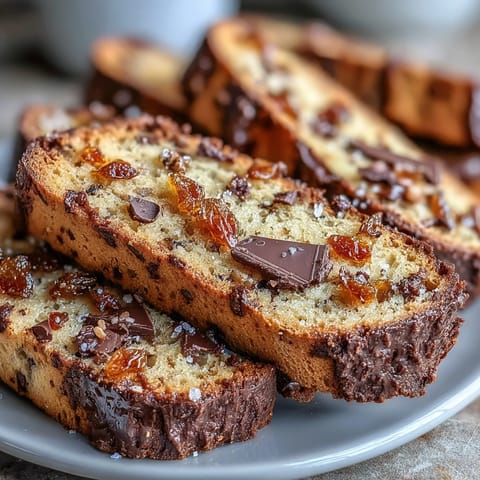 Golden Italian biscotti studded with fragrant candied orange peel and rich dark chocolate, ideal for dessert or snacking.  