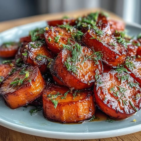 A colorful plate of orange honey glazed carrots, tender and glossy, topped with fresh dill for a bright, aromatic side dish.  