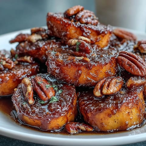 A holiday side dish of sweet yams glazed with cinnamon and maple syrup, topped with crunchy toasted pecans.  