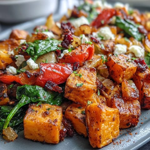 A vibrant sheet pan breakfast hash with roasted sweet potatoes, juicy orange segments, and colorful vegetables.  