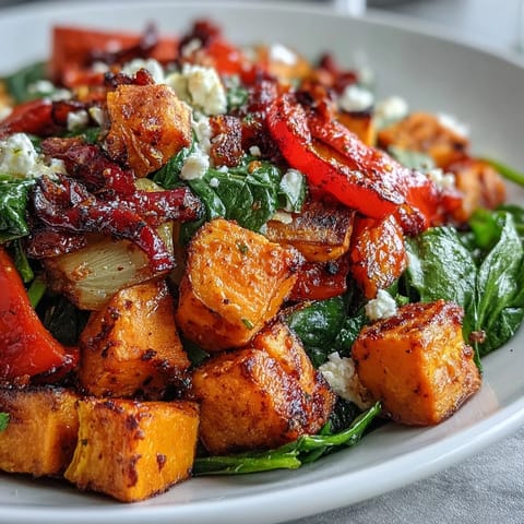 Golden roasted sweet potatoes and fresh orange chunks combine with bell peppers for a sweet and savory breakfast.  