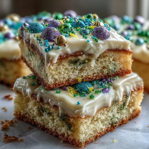 Vibrant King Cake Sugar Cookie Bars topped with colorful icing and festive sprinkles for Mardi Gras parties.