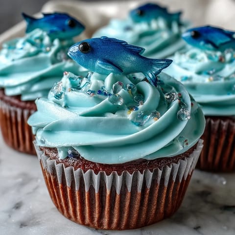 Whimsical vanilla cupcakes with blue buttercream frosting and fondant fish toppers, perfect for Pisces zodiac celebrations.