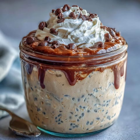 Vanilla Bean Frappuccino Overnight Oats in a jar, creamy with espresso and vanilla, topped with whipped cream and chocolate chips.  