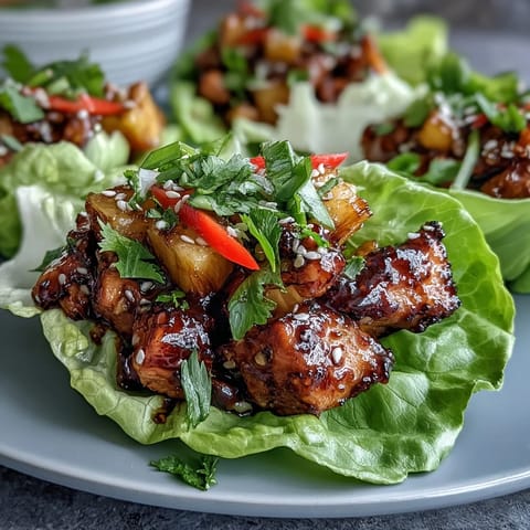 Juicy teriyaki chicken with sweet pineapple chunks served in crisp lettuce wraps for a refreshing Asian-inspired meal.  
