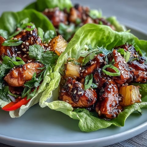 Colorful lettuce wraps filled with savory teriyaki-glazed chicken, diced pineapple, and crunchy vegetables for a light dinner.  