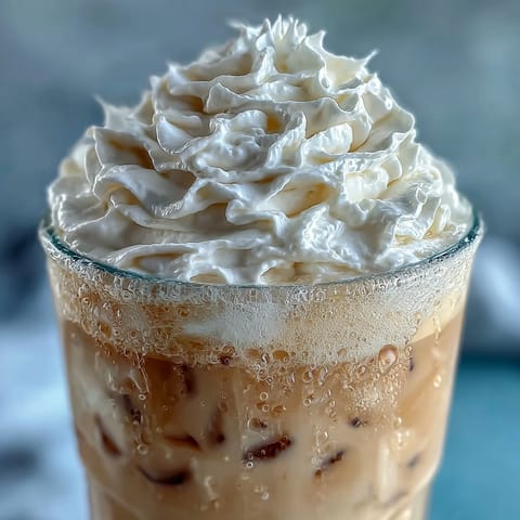Blended coffee drink with real vanilla bean and dairy-free coconut cream, ideal for vegan and vegetarian diets.