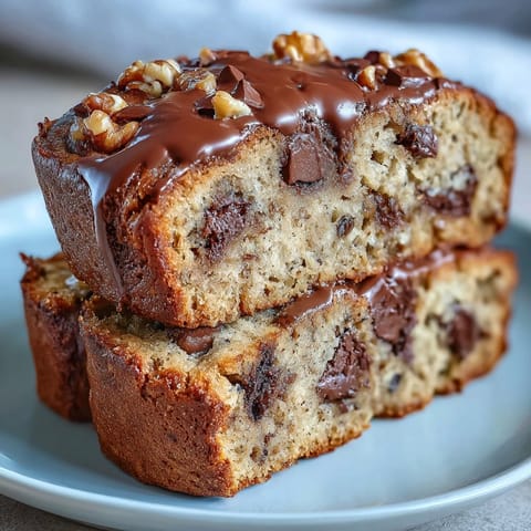 High-protein banana bread loaf with ripe bananas and vanilla protein powder, topped with melty dark chocolate chips for a nutritious treat.