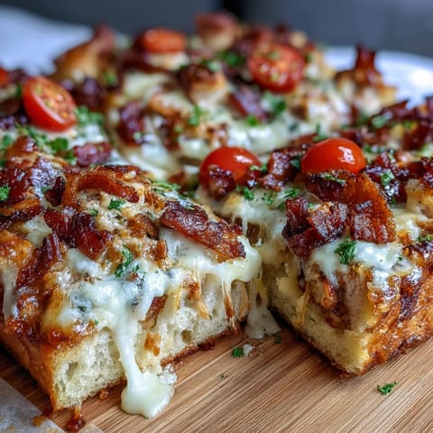 Kentucky Derby Hot Brown flatbread pizza with turkey, bacon, tomatoes, and creamy Mornay sauce baked on golden flatbread crust.