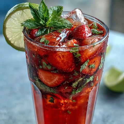 Vibrant strawberry basil lemonade with fresh berries, herbs, and lemon slices in a clear pitcher.