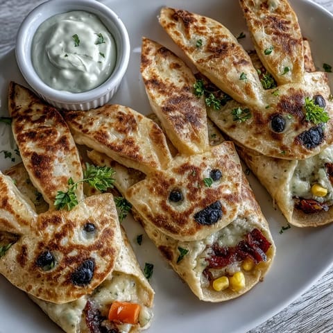 Easter bunny-shaped quesadillas filled with melted cheese, bell peppers, and sweet corn, decorated with olives and carrots for a festive snack.