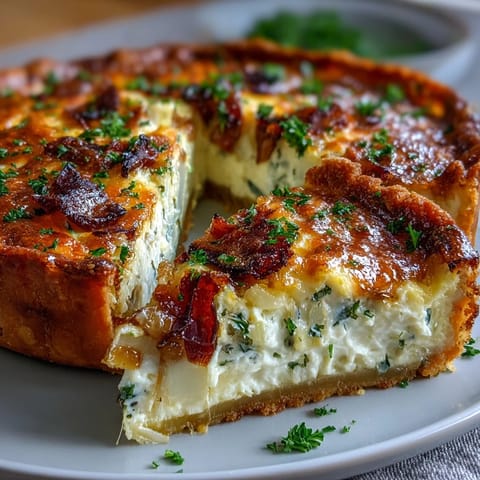Savory spring quiche with leeks and Gruyere, golden and custardy, served on a white plate with fresh herbs.