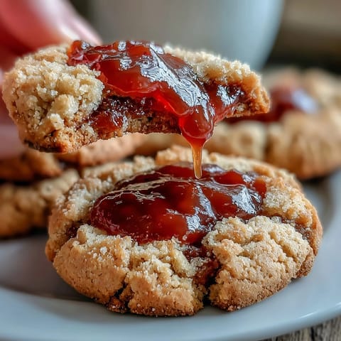 Fresh strawberry jam thumbprint cookies with vibrant red filling on a rustic baking tray.